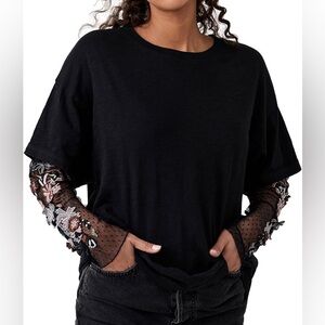 Free People Black Top with Floral Embroidered Sleeves XS